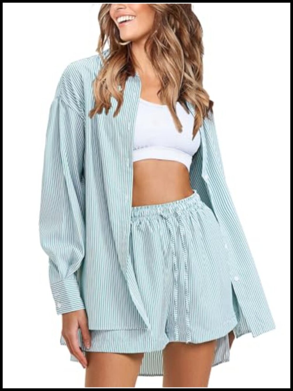 EXLURA 2 Piece Set Cotton Blend Long Sleeve Shirt High Waist Shorts Loungewear